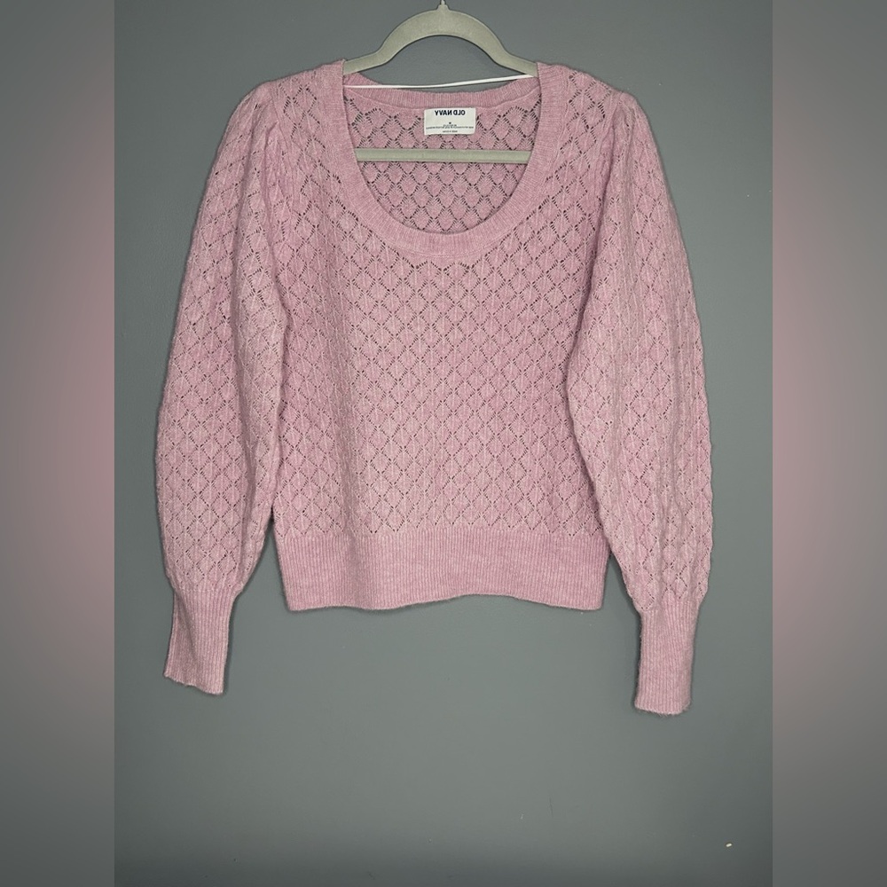 Old Navy Pointelle Open Knit Sweater Womens M Pink Scoop Neck Balloon‎ Sleeve